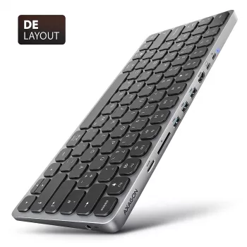 AXAGON HMC-KB-GE, USB 5Gbps centrinis įrenginys su klaviatūra, HDMI 4K/60Hz, 3x USB-A, SD/mSD, garsas, PD 100W, vokiškas išdėstymas