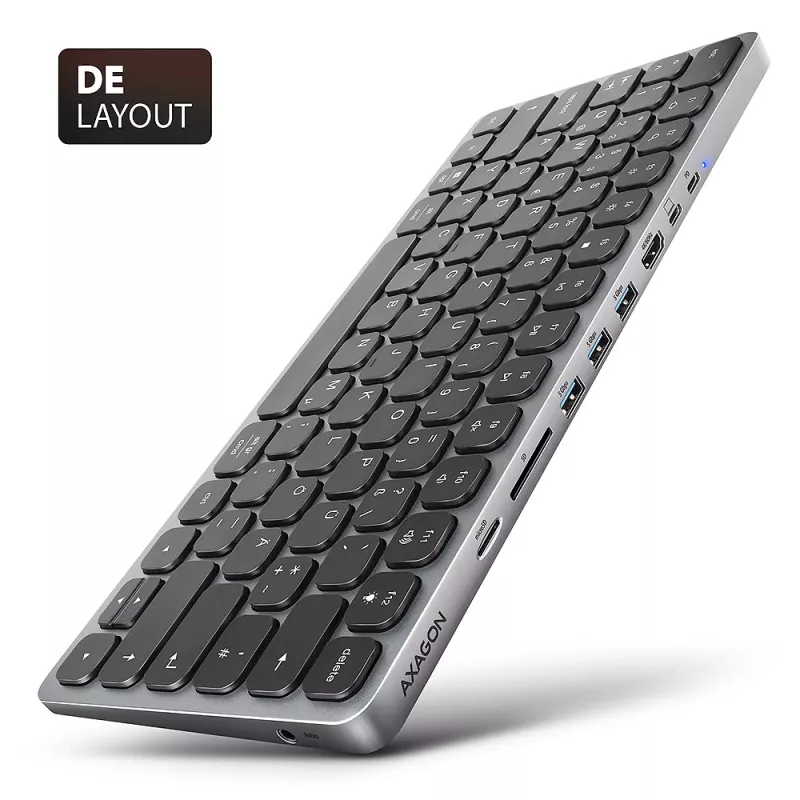AXAGON HMC-KB-GE, USB 5Gbps centrinis įrenginys su klaviatūra, HDMI 4K/60Hz, 3x USB-A, SD/mSD, garsas, PD 100W, vokiškas išdėstymas