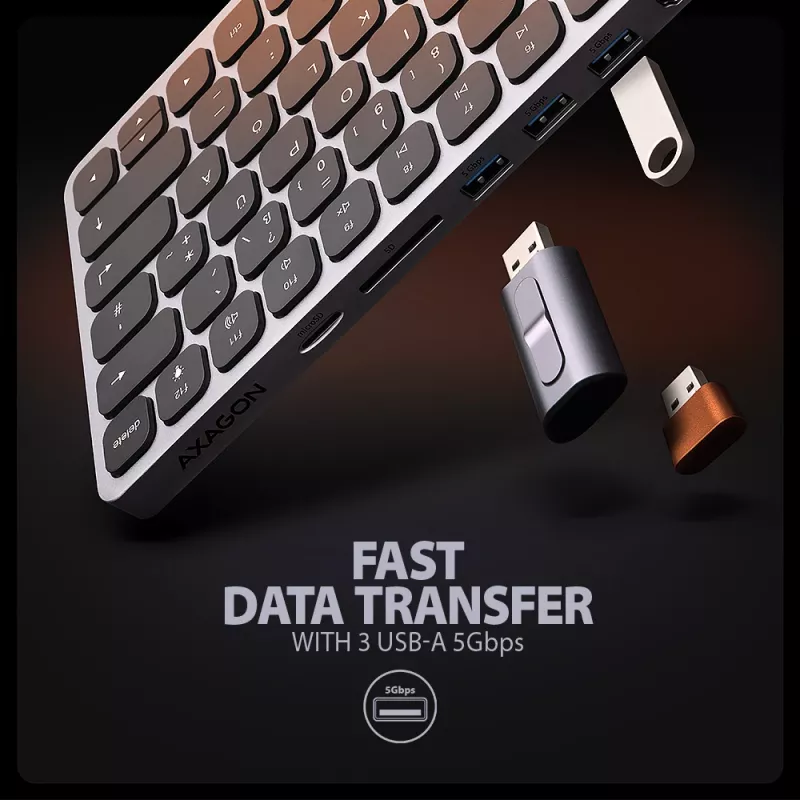 AXAGON HMC-KB-GE, USB 5Gbps centrinis įrenginys su klaviatūra, HDMI 4K/60Hz, 3x USB-A, SD/mSD, garsas, PD 100W, vokiškas išdėstymas