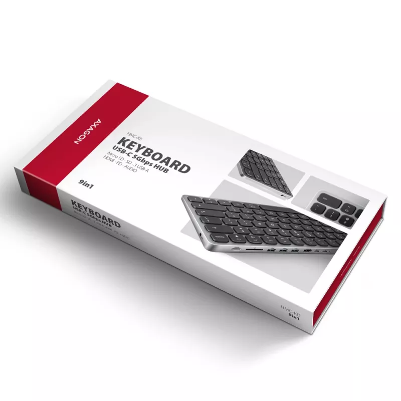 AXAGON HMC-KB-GE, USB 5Gbps centrinis įrenginys su klaviatūra, HDMI 4K/60Hz, 3x USB-A, SD/mSD, garsas, PD 100W, vokiškas išdėstymas