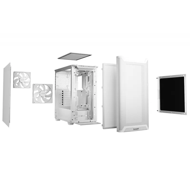 Korpusas be quiet! PURE BASE 501 Airflow Midi Tower Baltas — ATX, 3×140mm priekyje, 1×140mm gale, 5×2,5 colio, 2×3,5 colio, USB‑C, PWM palaikymas