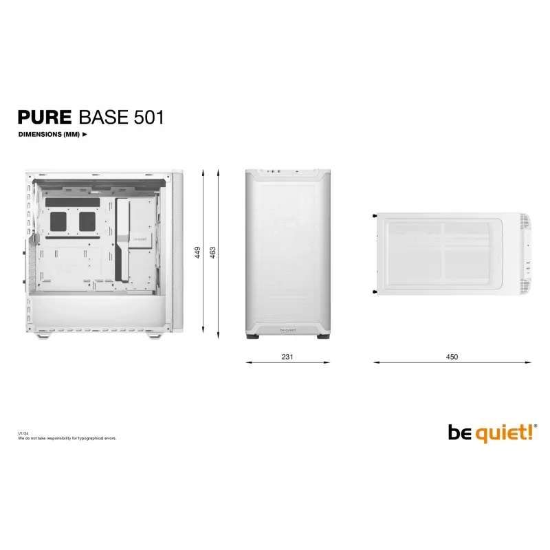 Korpusas be quiet! PURE BASE 501 Airflow Midi Tower Baltas — ATX, 3×140mm priekyje, 1×140mm gale, 5×2,5 colio, 2×3,5 colio, USB‑C, PWM palaikymas