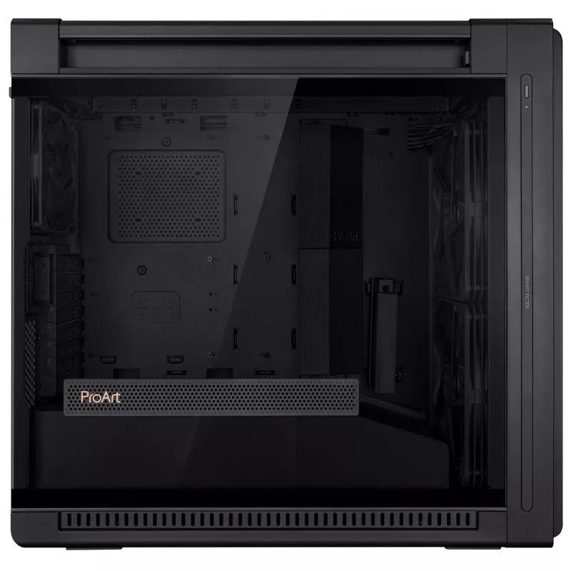 PC korpusas ASUS ProArt PA602 Midi Tower Juodas — ATX/EATX, grūdintas stiklas, 2x200mm priekiniai ventiliatoriai, 360mm viršutinis radiatorius, GPU iki 450mm