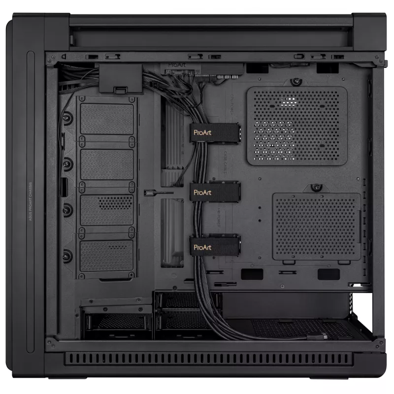 PC korpusas ASUS ProArt PA602 Midi Tower Juodas — ATX/EATX, grūdintas stiklas, 2x200mm priekiniai ventiliatoriai, 360mm viršutinis radiatorius, GPU iki 450mm