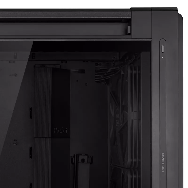 PC korpusas ASUS ProArt PA602 Midi Tower Juodas — ATX/EATX, grūdintas stiklas, 2x200mm priekiniai ventiliatoriai, 360mm viršutinis radiatorius, GPU iki 450mm