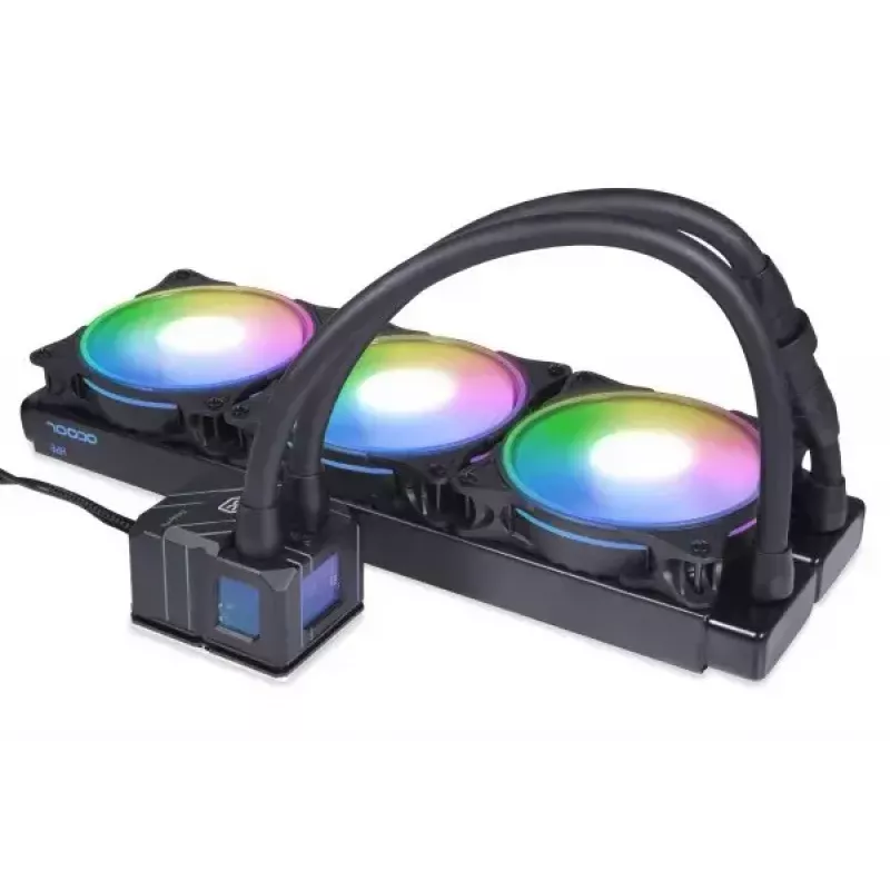 Vandens aušintuvas „Alphacool 13074“ – 120 mm ventiliatoriai, 3 vnt., 2500 RPM, 40 cm vamzdeliai, varinis radiatorius, kelių spalvų LED, juodas