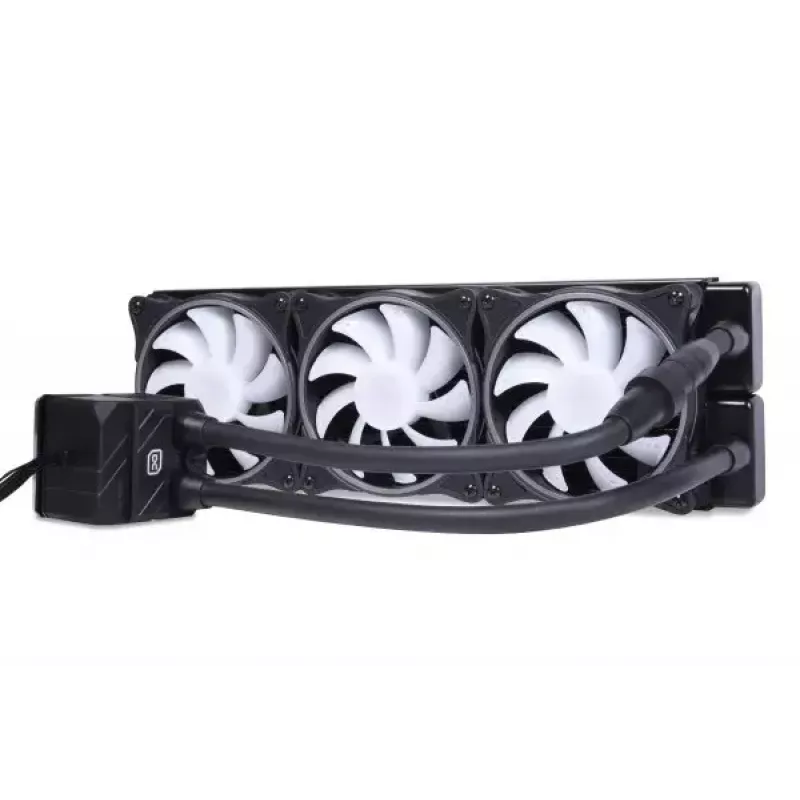 Vandens aušintuvas „Alphacool 13074“ – 120 mm ventiliatoriai, 3 vnt., 2500 RPM, 40 cm vamzdeliai, varinis radiatorius, kelių spalvų LED, juodas