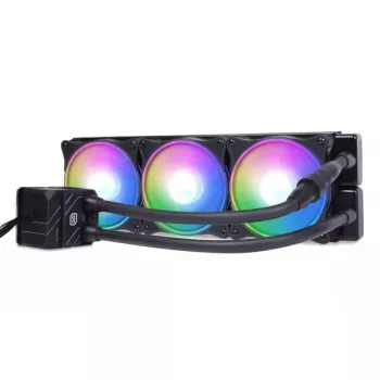 Vandens aušintuvas „Alphacool 13074“ – 120 mm ventiliatoriai, 3 vnt., 2500 RPM, 40 cm vamzdeliai, varinis radiatorius, kelių spalvų LED, juodas