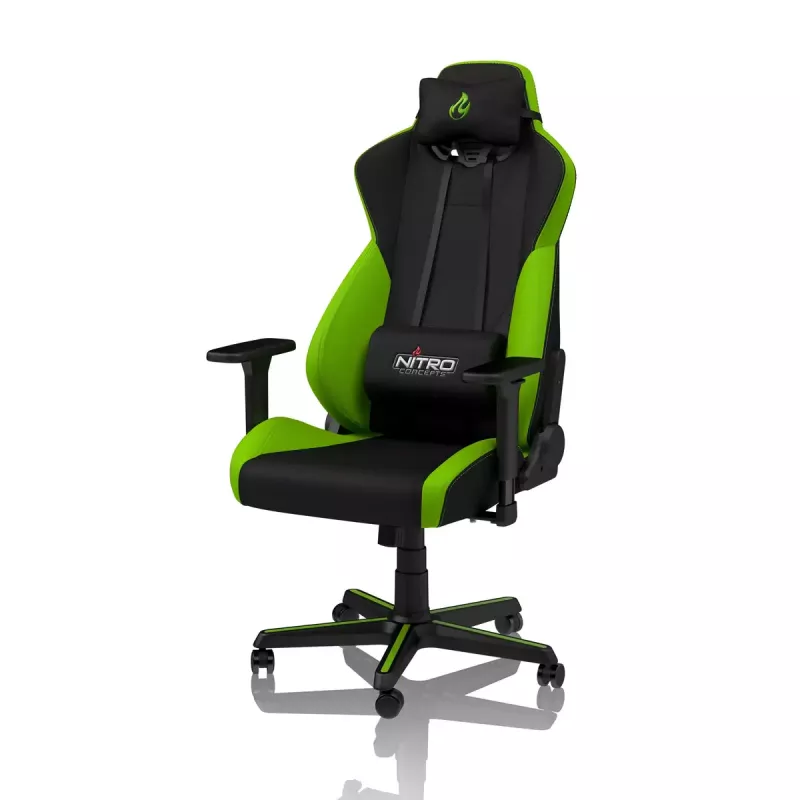 Žaidimų kėdė Nitro Concepts S300 – audinio sėdynė, reguliuojamas aukštis 128–140 cm, atlošo plotis 56 cm, juoda/žalia