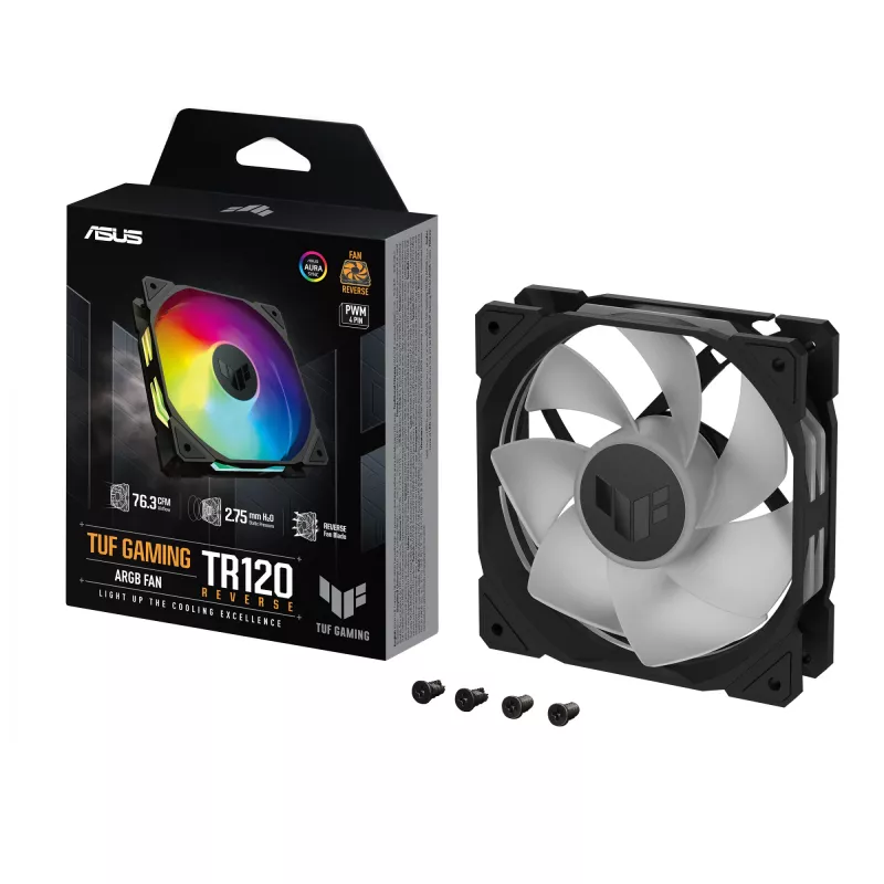 ASUS TUF Gaming TR120 ARGB korpuso ventiliatorius, 120 mm, PWM, 1800–2200 RPM, 76,3 CFM, 2,75 mmH₂O, hidraulinis guolis, juodas