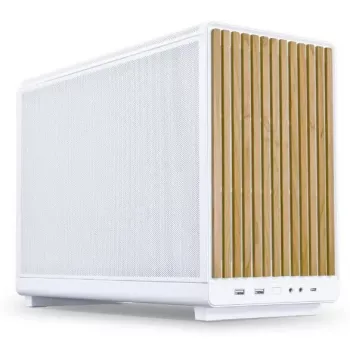 Korpusas Lian Li A3-mATX Micro Tower Baltas su Medžio Akcentais — Micro-ATX/Mini-ITX, ATX/SFX/SFX‑L PSU palaikymas