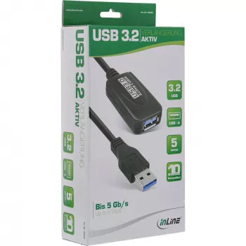 InLine USB3.2 Gen.1 aktyvus kartotuvinis kabelis, A tipo kištukas / lizdas, juodas, 5 m