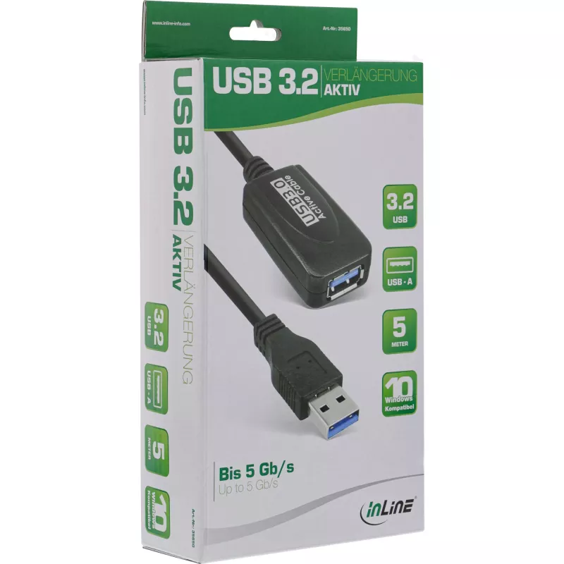 InLine USB3.2 Gen.1 aktyvus kartotuvinis kabelis, A tipo kištukas / lizdas, juodas, 5 m