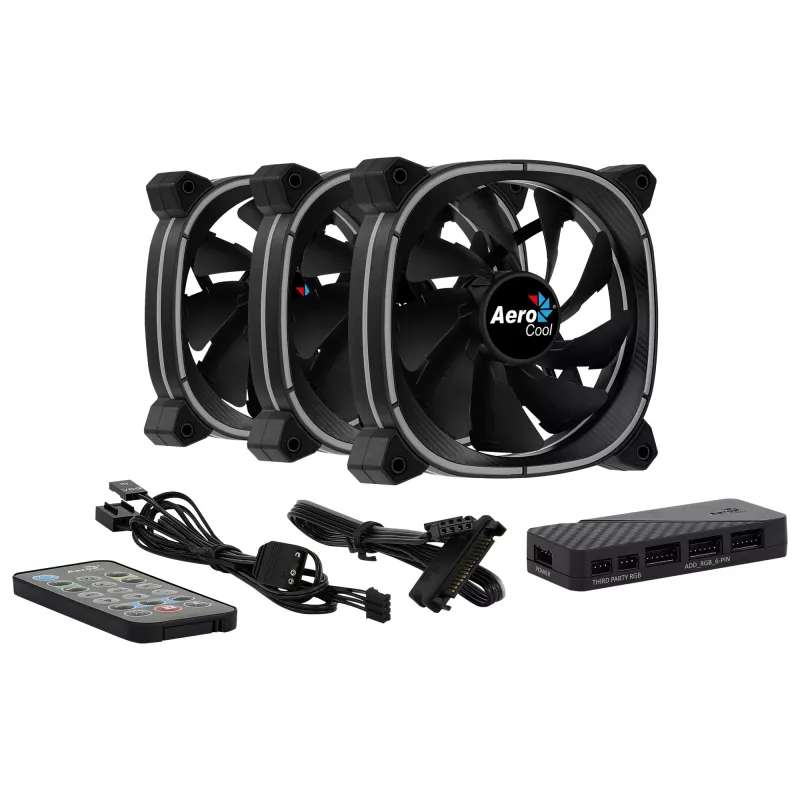 Ventiliatorių rinkinys Aerocool ASTRO12PRO 3 vnt. 12 cm RGB LED antivibracinis nuotolinio valdymo pultelis