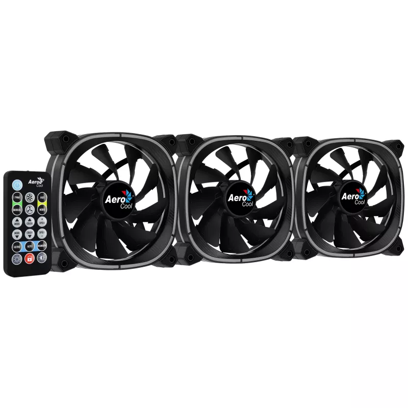 Ventiliatorių rinkinys Aerocool ASTRO12PRO 3 vnt. 12 cm RGB LED antivibracinis nuotolinio valdymo pultelis