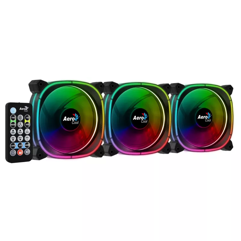 Ventiliatorių rinkinys Aerocool ASTRO12PRO 3 vnt. 12 cm RGB LED antivibracinis nuotolinio valdymo pultelis