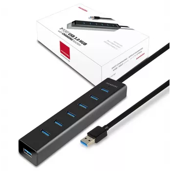 USB 3.0 šakotuvas Axagon HUE-SA7BP 7x USB 3.0 ALU CHARGING, juodas, su AC adapteriu