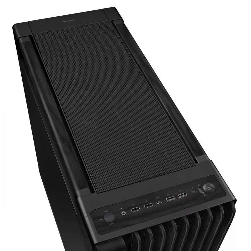 PC korpusas ASUS ProArt PA602 Wood Edition Midi Tower Juodas — EATX palaikymas, 45 cm GPU, 19 cm PSU/aušintuvas, 8 HDD lizdai, USB-C