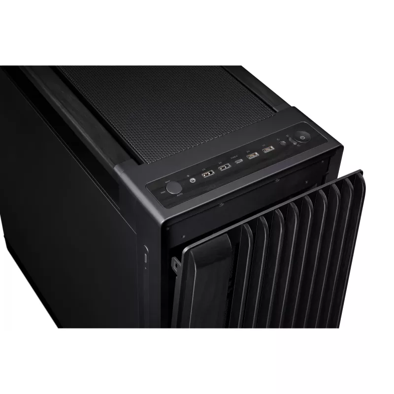 PC korpusas ASUS ProArt PA602 Wood Edition Midi Tower Juodas — EATX palaikymas, 45 cm GPU, 19 cm PSU/aušintuvas, 8 HDD lizdai, USB-C