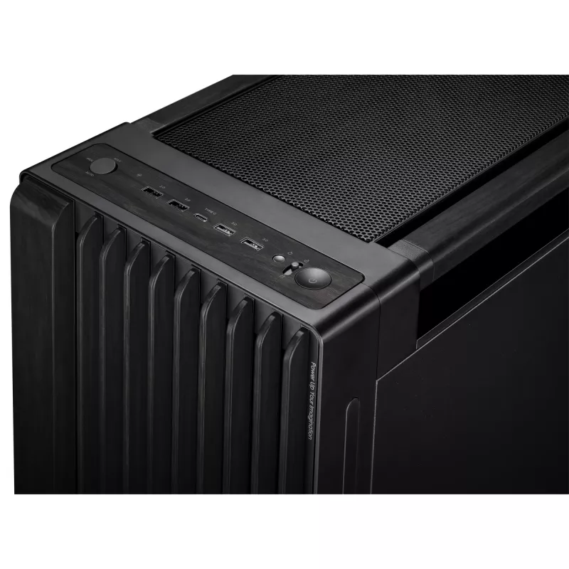 PC korpusas ASUS ProArt PA602 Wood Edition Midi Tower Juodas — EATX palaikymas, 45 cm GPU, 19 cm PSU/aušintuvas, 8 HDD lizdai, USB-C