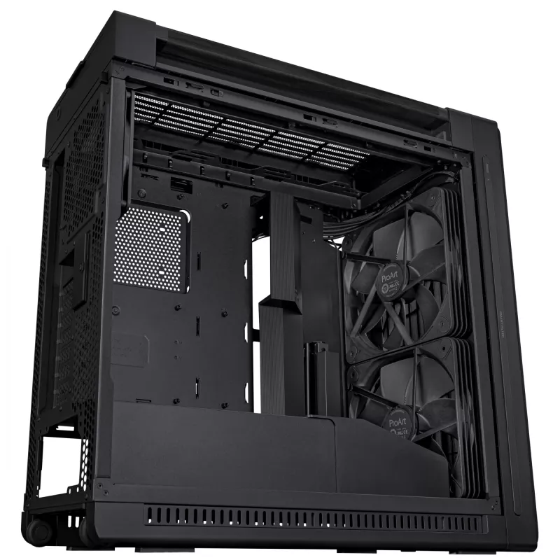 PC korpusas ASUS ProArt PA602 Wood Edition Midi Tower Juodas — EATX palaikymas, 45 cm GPU, 19 cm PSU/aušintuvas, 8 HDD lizdai, USB-C