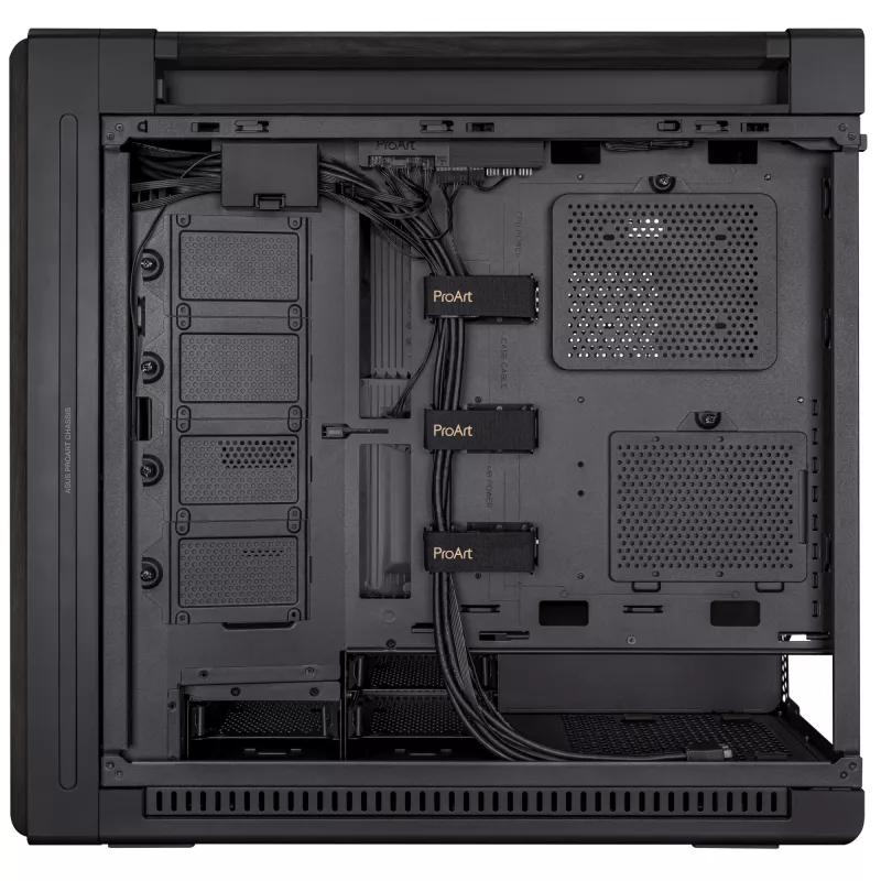 PC korpusas ASUS ProArt PA602 Wood Edition Midi Tower Juodas — EATX palaikymas, 45 cm GPU, 19 cm PSU/aušintuvas, 8 HDD lizdai, USB-C