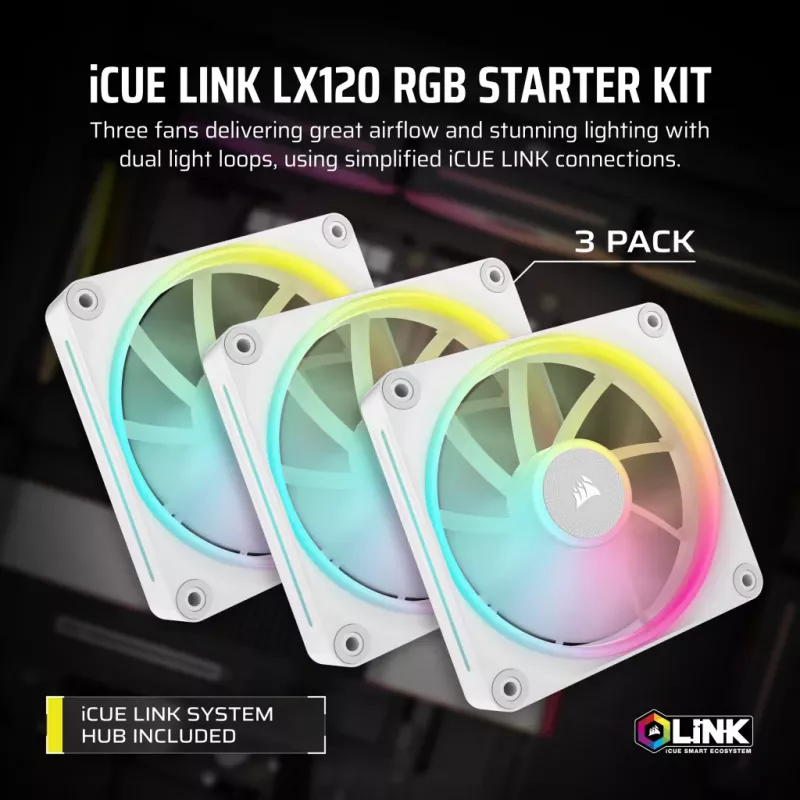 CORSAIR iCUE LINK LX120 RGB 120 mm PWM ventiliatorių rinkinys pradedantiesiems - Baltas