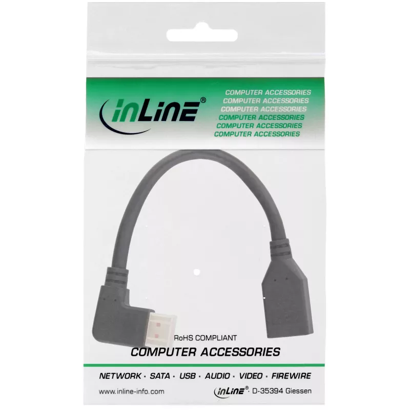 InLine DisplayPort 1.4 adapterinis kabelis M/F, 8K4K, kairysis kampinis, juodas/auksinis, 0,15 m