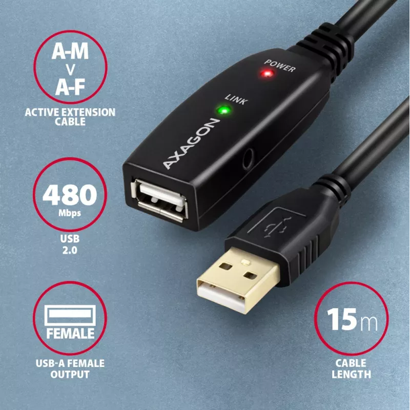 Aktyvus USB 2.0 ilginimo kabelis Axagon ADR-215, 15 m, A-M -> A-F