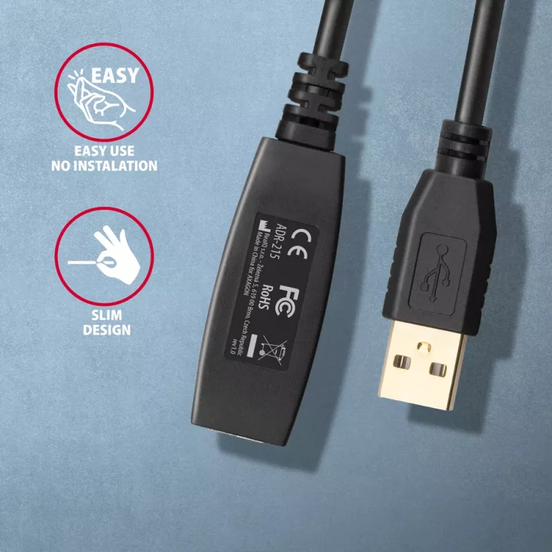 Aktyvus USB 2.0 ilginimo kabelis Axagon ADR-215, 15 m, A-M -> A-F