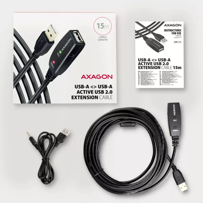 Aktyvus USB 2.0 ilginimo kabelis Axagon ADR-215, 15 m, A-M -> A-F