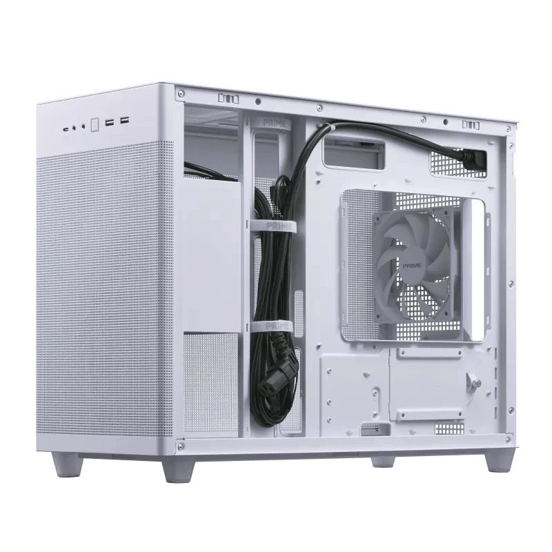 ASUS AP201 PRIME CASE TG WHITE Mini Tower — micro ATX, grūdintas stiklas, 3×3,5 colio vietos, 1×2,5 colio, USB-A×2, USB-C×1