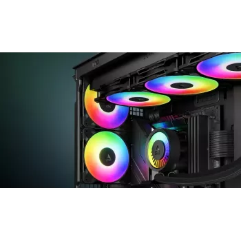 120 mm PWM A-RGB korpuso ventiliatorių 3 rinkinys Arctic Freezer P12 Pro A-RGB — 131 m³/h, skysčių dinaminis guolis, juoda/balta spalva