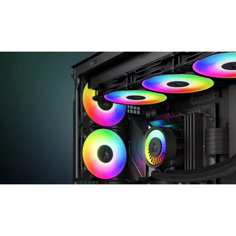 120 mm PWM A-RGB korpuso ventiliatorių 3 rinkinys Arctic Freezer P12 Pro A-RGB — 131 m³/h, skysčių dinaminis guolis, juoda/balta spalva