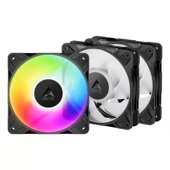 120 mm PWM A-RGB korpuso ventiliatorių 3 rinkinys Arctic Freezer P12 Pro A-RGB — 131 m³/h, skysčių dinaminis guolis, juoda/balta spalva