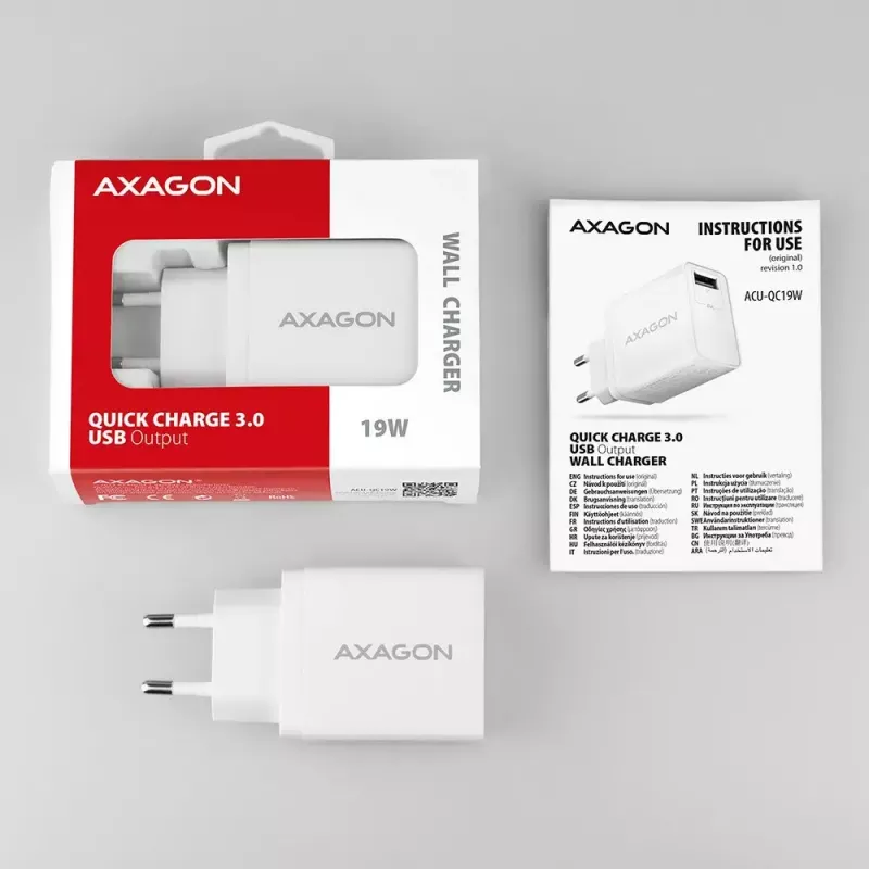 Sieninis įkroviklis Axagon ACU-QC19W 1x QC3.0/AFC/FCP/SMART 19W baltas