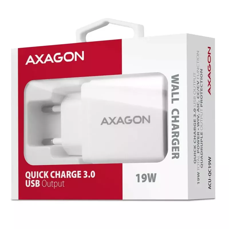 Sieninis įkroviklis Axagon ACU-QC19W 1x QC3.0/AFC/FCP/SMART 19W baltas