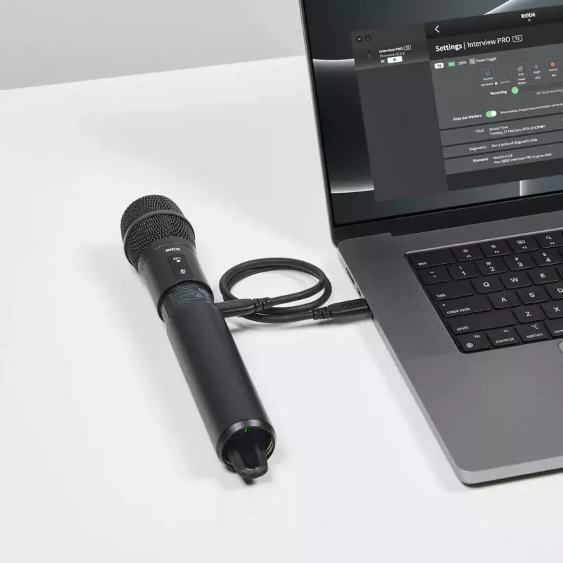 Nešiojamas kondensatorinis mikrofonas RØDE Interview Pro — omnidirekcinis, 48 kHz/32 bit, 32 GB, belaidis, iki 200 m, juodas