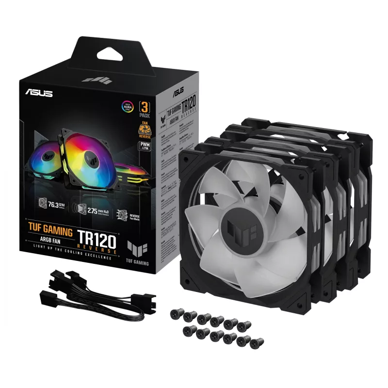 Ventiliatorių rinkinys ASUS TUF Gaming TR120 ARGB Reverse Triple Pack — 3×120 mm, 2200 RPM, PWM, 2.75 mmH2O, 16 LED, Juoda