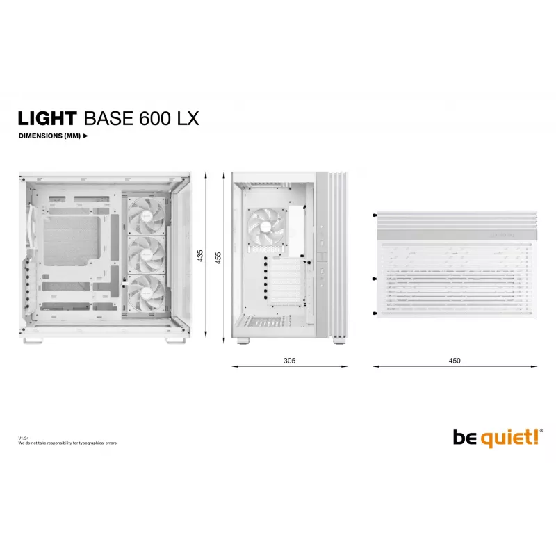 Korpusas be quiet! LIGHT BASE 600 LX White Midi Tower — ATX, šoninis langas, ARGB priekis, USB-C, palaiko 360 mm radiatorių