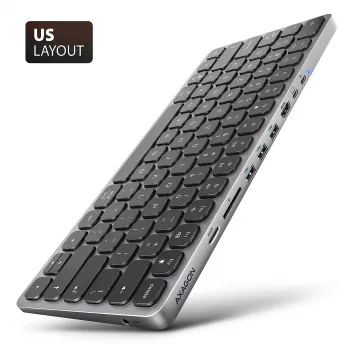 Axagon HMC-KB-US, USB 5Gbps šakotuvas su klaviatūra, HDMI 4K/60Hz, 3x USB-A, SD/mSD, garsas, PD 100, JAV išdėstymas