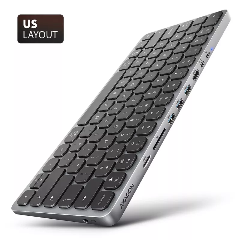 Axagon HMC-KB-US, USB 5Gbps šakotuvas su klaviatūra, HDMI 4K/60Hz, 3x USB-A, SD/mSD, garsas, PD 100, JAV išdėstymas