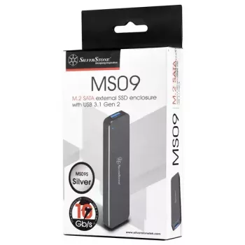 SSD korpusas Silverstone MS09, M.2 SATA, USB 3.2 Gen 2, aliuminis, sidabrinis