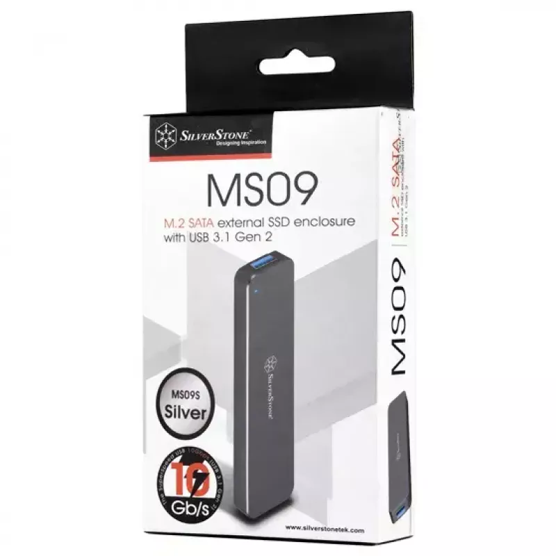 SSD korpusas Silverstone MS09, M.2 SATA, USB 3.2 Gen 2, aliuminis, sidabrinis