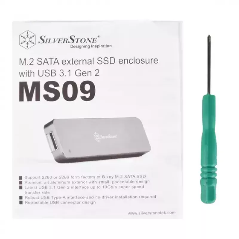 SSD korpusas Silverstone MS09, M.2 SATA, USB 3.2 Gen 2, aliuminis, sidabrinis