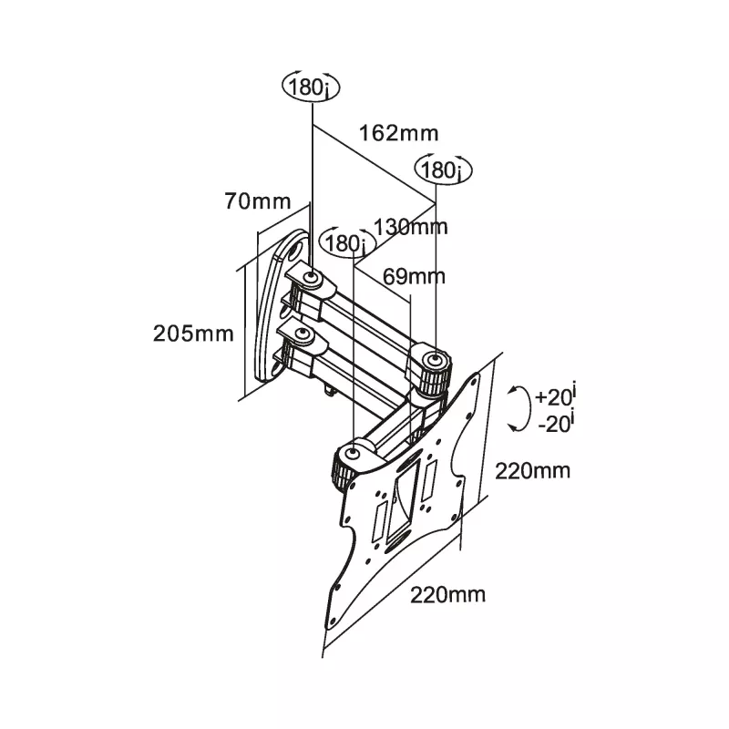 InLine sieninis laikiklis TFT/LED/Plasma 58–107 cm (23–42 col.) pakreipiamas/pasukamas, VESA 100x100–200x200, max 30 kg, juodas