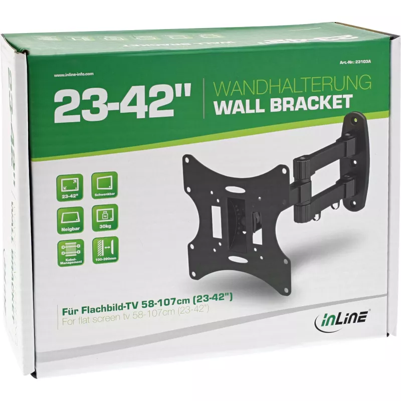 InLine sieninis laikiklis TFT/LED/Plasma 58–107 cm (23–42 col.) pakreipiamas/pasukamas, VESA 100x100–200x200, max 30 kg, juodas