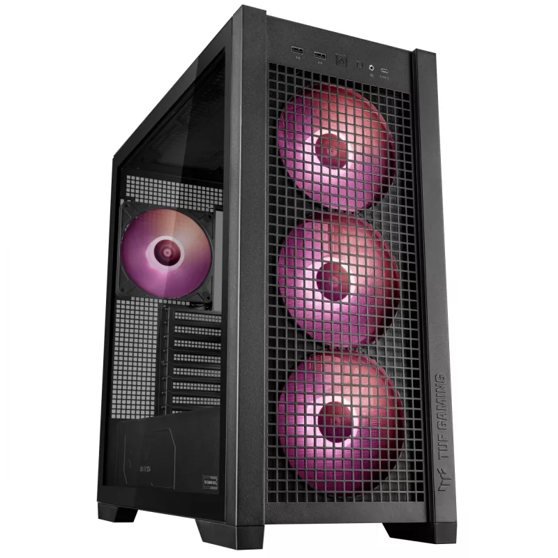 PC korpusas ASUS TUF Gaming GT302 ARGB Midi Tower Juodas — Grūdintas stiklas, 3x140mm priekyje + 1x140mm gale, USB-C