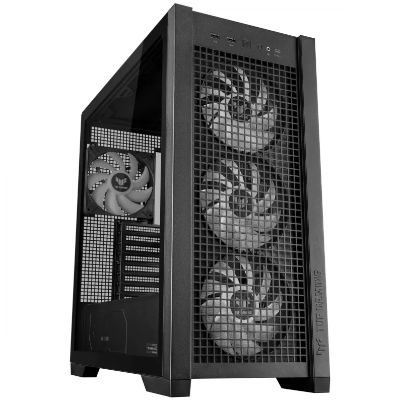 PC korpusas ASUS TUF Gaming GT302 ARGB Midi Tower Juodas — Grūdintas stiklas, 3x140mm priekyje + 1x140mm gale, USB-C