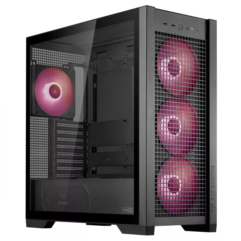 PC korpusas ASUS TUF Gaming GT302 ARGB Midi Tower Juodas — Grūdintas stiklas, 3x140mm priekyje + 1x140mm gale, USB-C